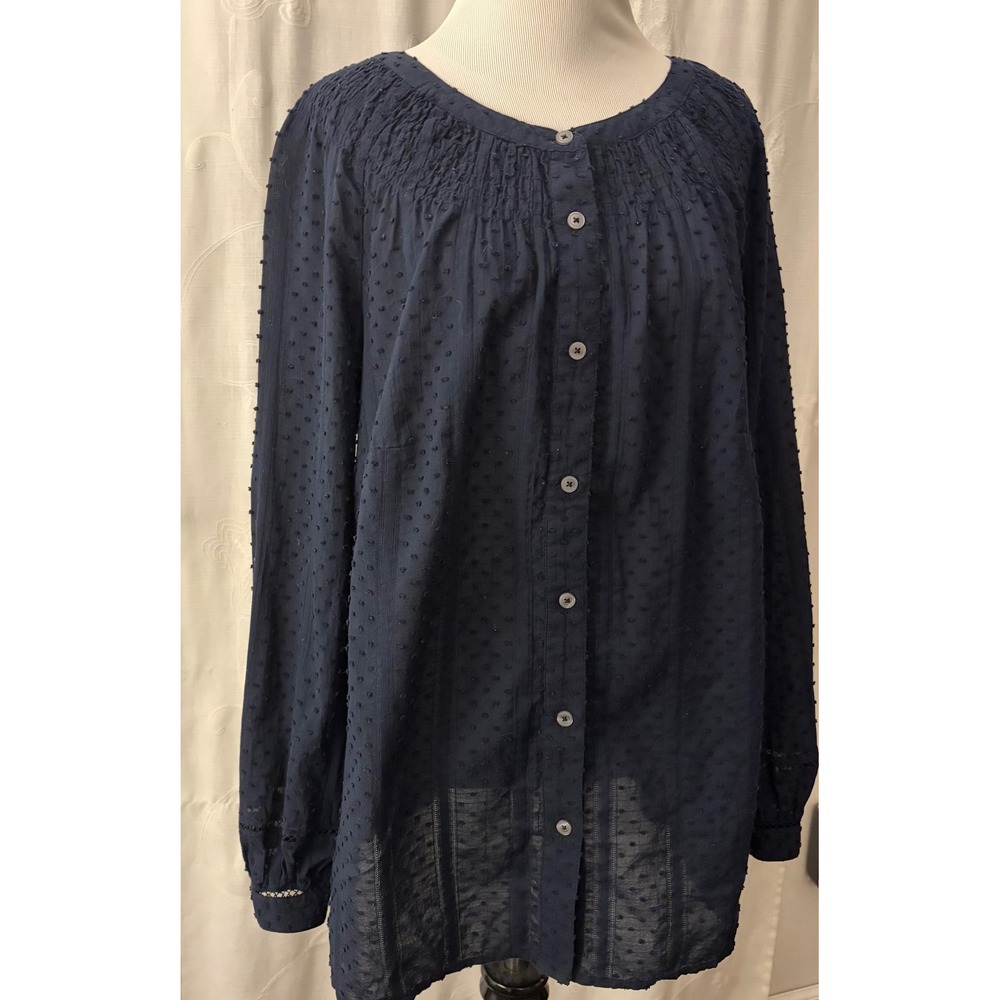 Talbots Plus Navy Blue Clip Dot Smocked Neck Blouse Size X Cotton Blend Top
